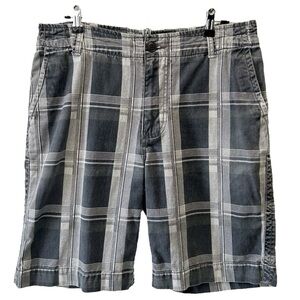 Cherokee Men's Flat Front Cotton Chino Shorts Black and Gray Plaid Size 34